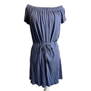Vintage Beach Tees Blue Off-shoulder Mini Dress with tie belt, 100% Cotton